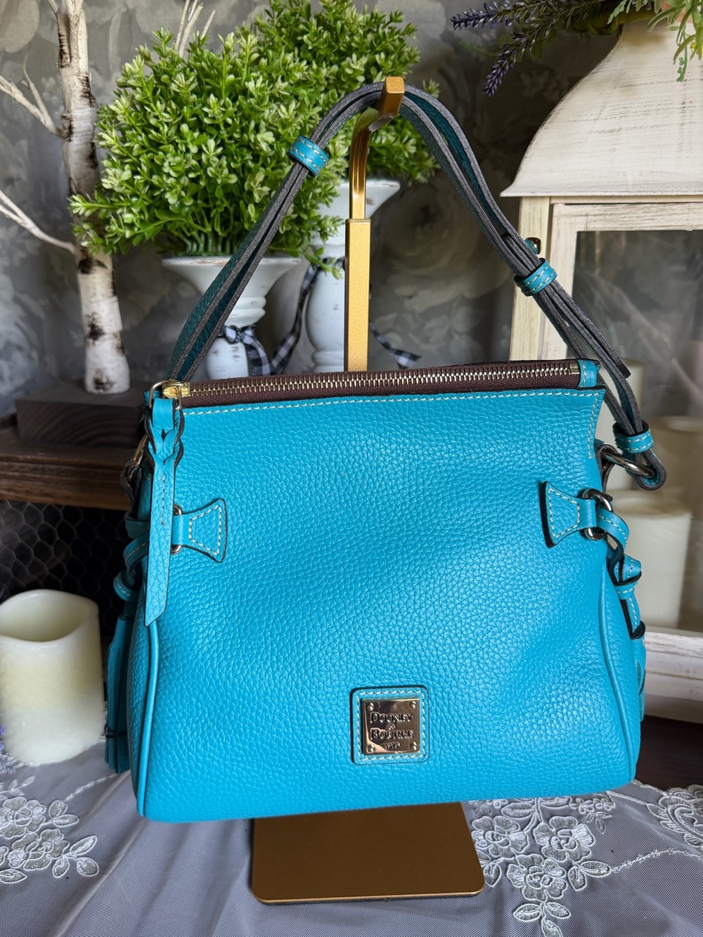 Dooney & Bourke Turquoise Pebble Grain Leather Tassel Shoulder Bag